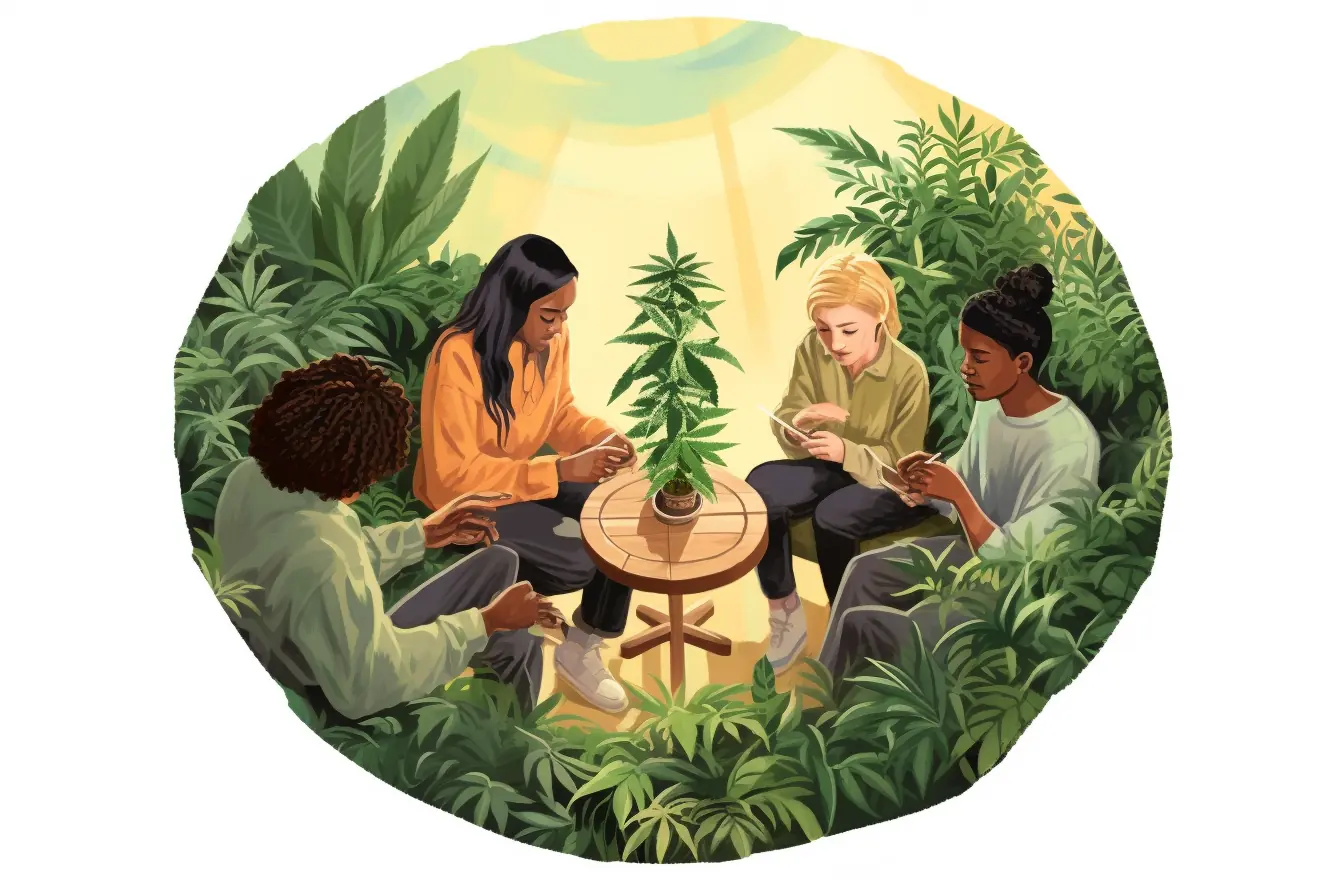 Die Mitglieder des Cannabis Social Club in Kassel bilden einen Kreis um die Marihuanablätter, die ihr Symbol sind. Das Erkennungszeichen des Cannabis Social Clubs in Kassel ist ein Kreis aus Cannabisblättern, der zum gemütlichen Rauchen einlädt.