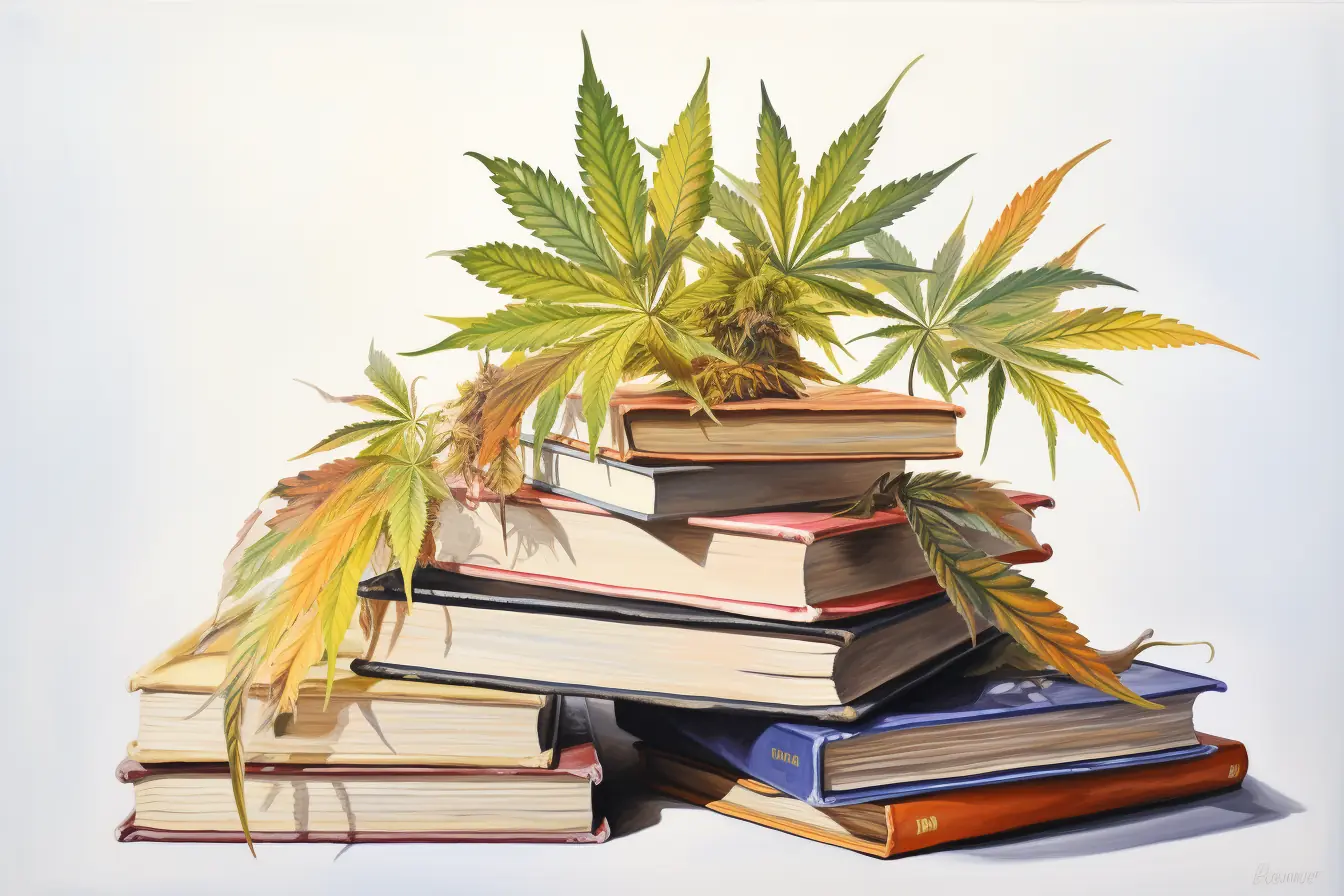 Eine interessante Kombination aus Büchern und Cannabisblättern zeigt die Vielfalt von Wissen und Natur. Eine Pflanze mit vielen Namen, Cannabis, bedeckt einen Haufen von Büchern in verschiedenen Farben, die das Lesen spannend machen.