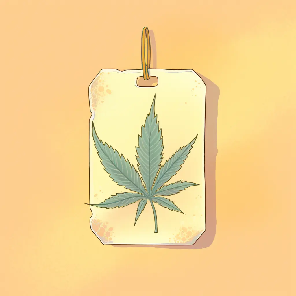 Ein Preisschild und ein Cannabisblatt in sanften Farben ergänzen sich Ein Preisschild mit einem geschmackvollen Cannabisblatt in Pastellfarben ist das Erkennungszeichen des liebenswerten Cannabis-Social-Clubs in Kassel.