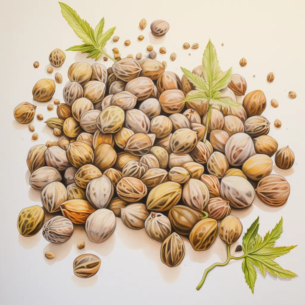 Hanfsamen in pastelligen Farbnuancen - eine kunstvolle Darstellung mit einem Hauch von Realismus Eine helle Fläche ist übersät mit Cannabis-Samen.