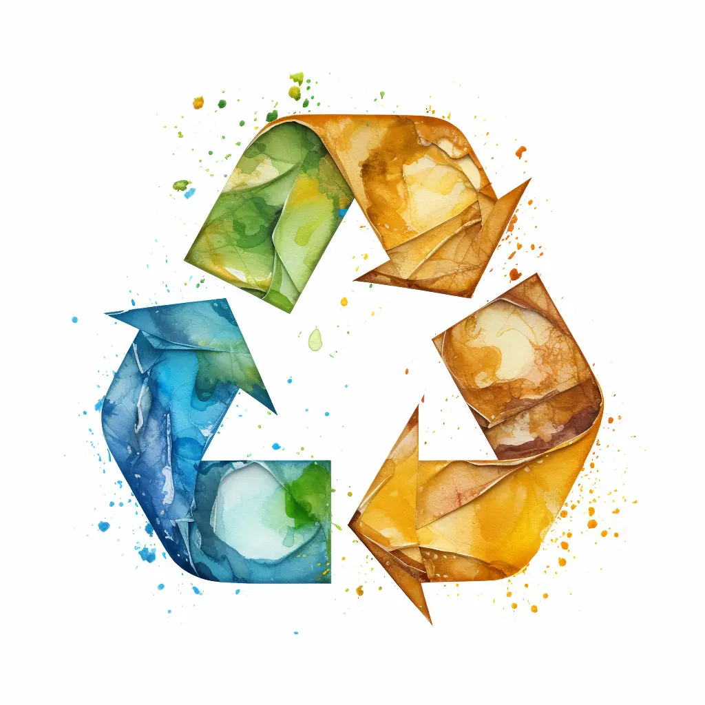 Ein Recycling-Symbol in sanften Farben ist eine künstlerische Art, Umweltschutz zu zeigen, das halb real, halb gezeichnet aussieht. Ein Recycling-Zeichen in einer auffälligen Farbe steht auf einem weißen Hintergrund und zieht die Aufmerksamkeit auf sich.